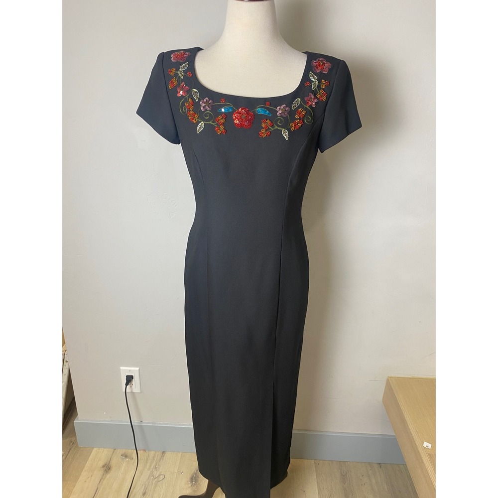 Virgo Petite Vintage 90s Black Floral Beaded Sequin Maxi Dress Short Sleeve 4